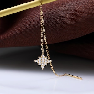 14K Massivgold Diamant Stern Threader Ohrring, himmlische Baumeln Kettenohrring, Gold CZ Kabel Kettenohrring, Polaris Durchziehen lange Kette