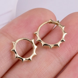10K Solid Gold Bamboo Knot Hoop Earrings, Tiny Gold Gear Hoop Earrings, Minimalist Gold Sun Huggie Hoop Earrings, Gift for Her