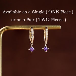 Brinco de argola rômbico com ametista e pingente em ouro maciço 14K, brinco Huggie com lóbulo da orelha em zircônia cúbica e pedra preciosa em ouro maciço, piercing Huggie com estrela e diamante em ouro