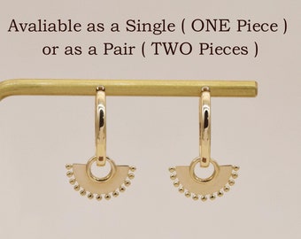 14K Solid Gold Fan Charm Earrings, Dangle Half Circle Fan Charm, Helix Rook Charm, Gold Fan Shape Charm Earrings, Handmade Gift for Her.