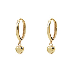 10K Solid Gold Huggie Earrings, Gold Heart Dangle Earrings, Small Hoop Earrings, Gold Tiny Huggie Hoop Earrings, Minimalist Dangle Earrings
