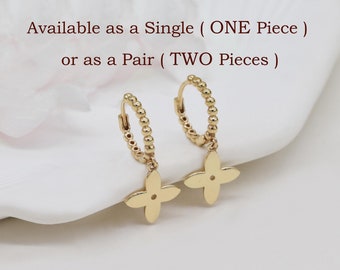 10K Solid Gold Dangle Clover Hoop Earring, Gold Tiny Dangling Clover Charm Earlobe Earring, Solid Gold Dainty Bead Huggie Hoop Earring