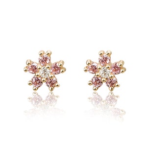 14K Solid Gold Pink Flower stud,5MM Solid Gold Flower Stud Earring,CZ Flower, Minimalist Earring.Real Solid Gold earrings.