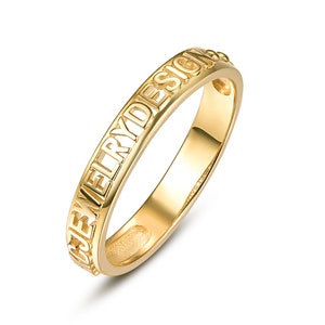 Anillo de oro macizo de 14 quilates con nombre personalizado, anillo de oro auténtico con nombre en inglés antiguo personalizado, anillo de oro macizo con nombre personalizado y fecha y letras en inglés