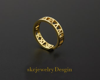 Anillo de números romanos personalizados de oro macizo, anillo de nombre personalizado de oro macizo, anillo de fecha personalizado de oro, regalo de aniversario para ella, joyería personalizada.