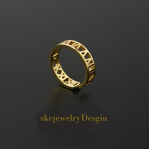 Solid Gold Custom Roman Numerals Ring,Custom Name Ring,Custom Date Ring.