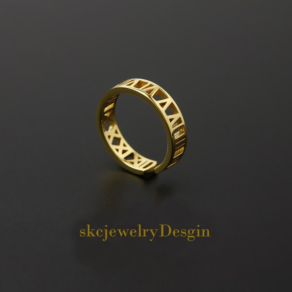 Solid Gold Custom Roman Numerals Ring, Solid Gold Custom Name Ring, Gold Custom Date Ring, Anniversary Gift for her, Personalized Jewelry.