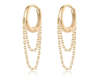 9K & 14K Solid Gold Double Chain Hoop Hinged Earrings,Solid Gold Delicate Gold Chain Hoop Earrings,Gold Chain Dangle Drop Hoop Earrings