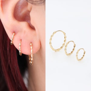 10k Solid Gold 8mm 10mm 15mm Diamond shape huggie hoop earrings, solid gold Simple Hoop Earrings, Conch Hoop piercing, Helix Huggie Hoop.