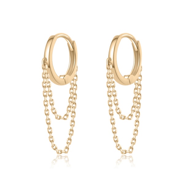 9K & 14K Solid Gold Double Chain Hoop Hinged Earrings,Solid Gold Delicate Gold Chain Hoop Earrings,Gold Chain Dangle Drop Hoop Earrings