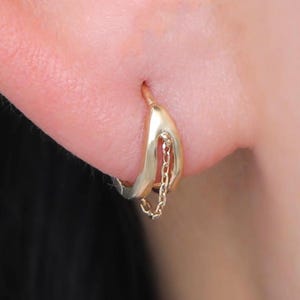 14K Solid Gold Baumeln Kabel Kette Hoop Ohrring, Hinged Clicker mit Link Drop, Echt Gold Lobe Knorpel Piercing, Echt Gold Kettentropfen Bolzen