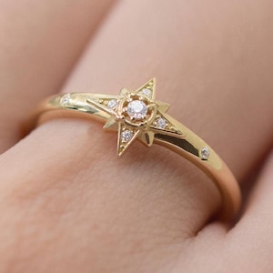 14K Solid Gold North Star Diamond Ring, Dainty Celestial Stacking Ring, Thin Gold Band, Starburst Engagement Ring, Cosmic Wedding Jewelry