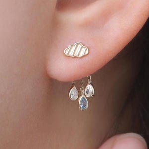 14K Solid Gold Cloud Raindrop Stud Earring, Removable Blue Diamond Jacket Earring, Cloud Butterfly Back Piercing, Blue CZ Complete set Stud