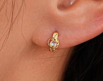 Sterling Silver Blue Moonstone Knot Stud Earring, 14K Gold Plated Round Blue Glow Gemstone Earlobe Stud, Gemstone Curved Butterfly Back Stud