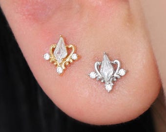 Sterling Silver Angel Wings Diamond Earlobe Earring, 14K Gold Plated Flower Cartilage Threadless Pin, Helix Conch Flat Push Back Piercing
