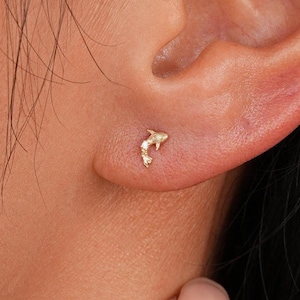 14K Solid Gold Diamond Whale Shaped Stud, Real Gold Gemstone Fish Piercing, Clear CZ Ocean Animal Conch Helix Stud, Butterfly Back Earring
