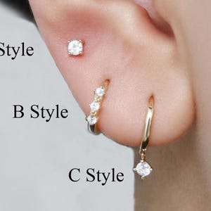 14K Solid Gold Diamond Single Stud and Hoop Set, Clear CZ Dangle Cluster Hoop Earring, Gold Mismatched Earlobe Helix Cartilage Piercing Set