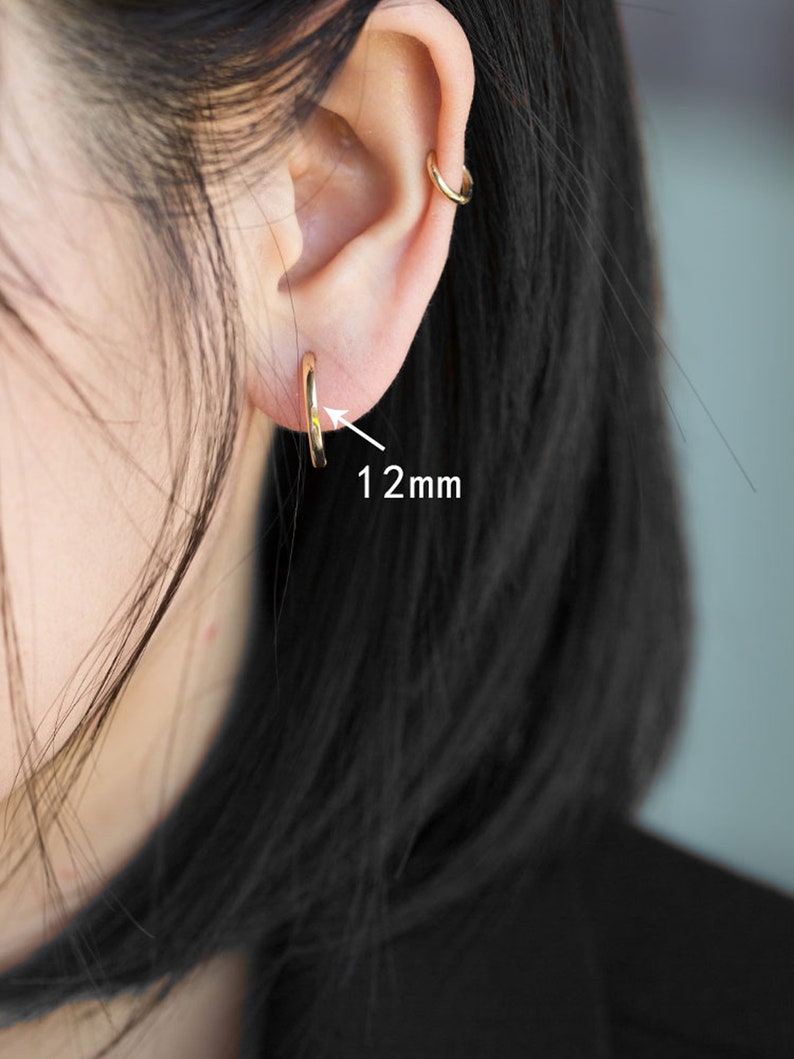 14K Solid Gold 4.0mm 4.5mm 5.0mm 5.5mm 6.0mm 6.5mm 7.0mm 8.0mm 9.0mm 10mm 11mm 12mm huggie hoop earrings,Gold Hoop Earrings. image 6