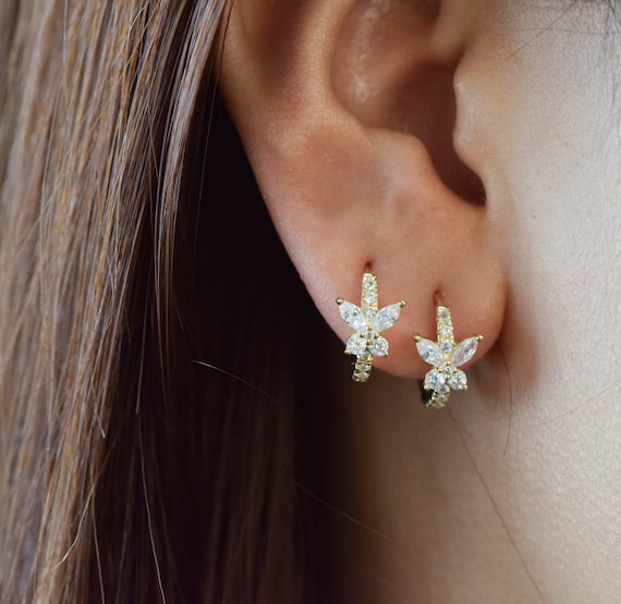 14K Solid Gold Butterfly Cubic Zirconia Hoop Earrings Solid Gold Butterfly Huggie Earrings Gemstone Hoop Earrings Gold Animal Hoop Ring