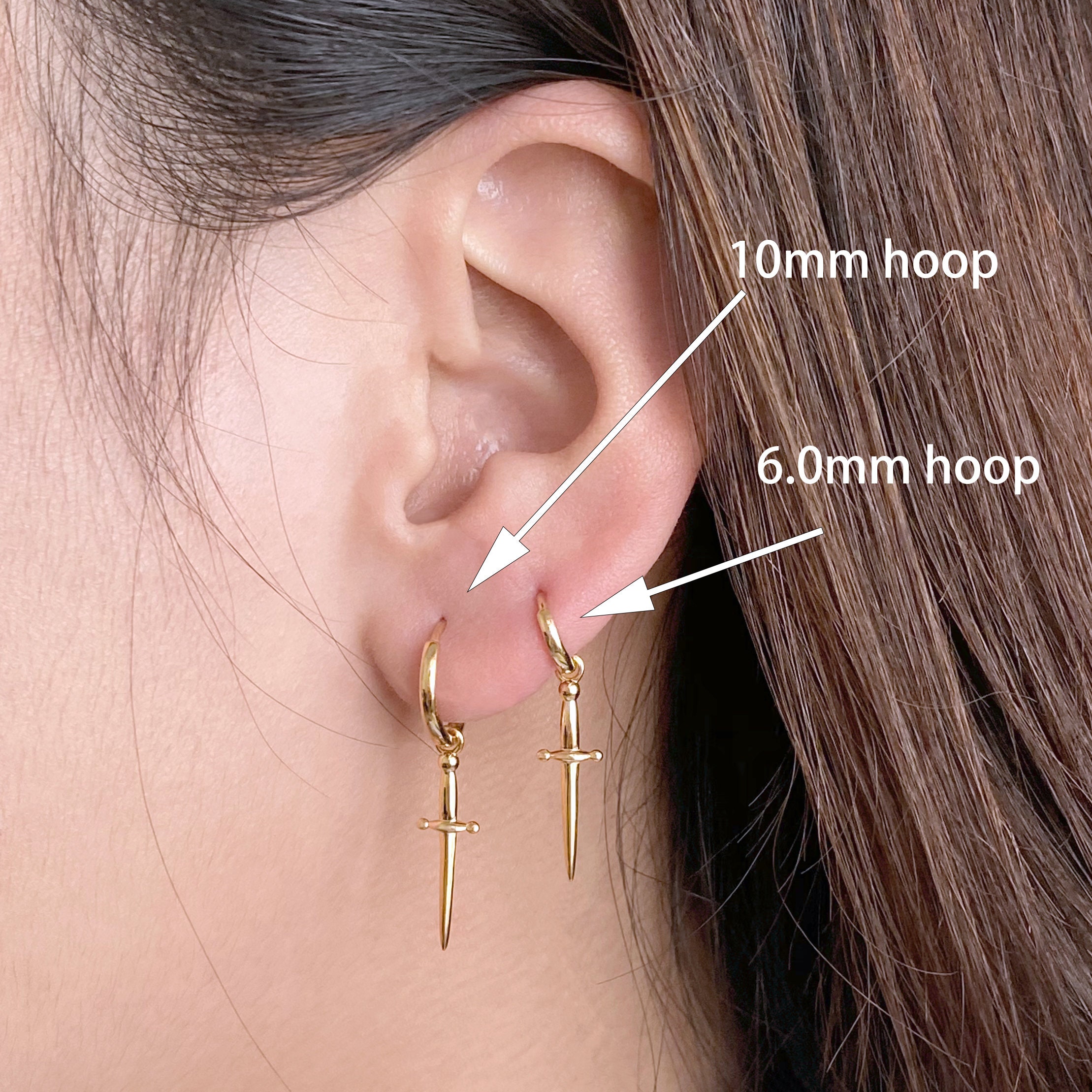 14K Solid Gold Dangle Sword Hoop Earring, Real Gold Drop Hinged Huggie Hoop, Dainty Cross Earlobe Hoop Charm, Cartilage 6mm 8mm 10mm Hoop
