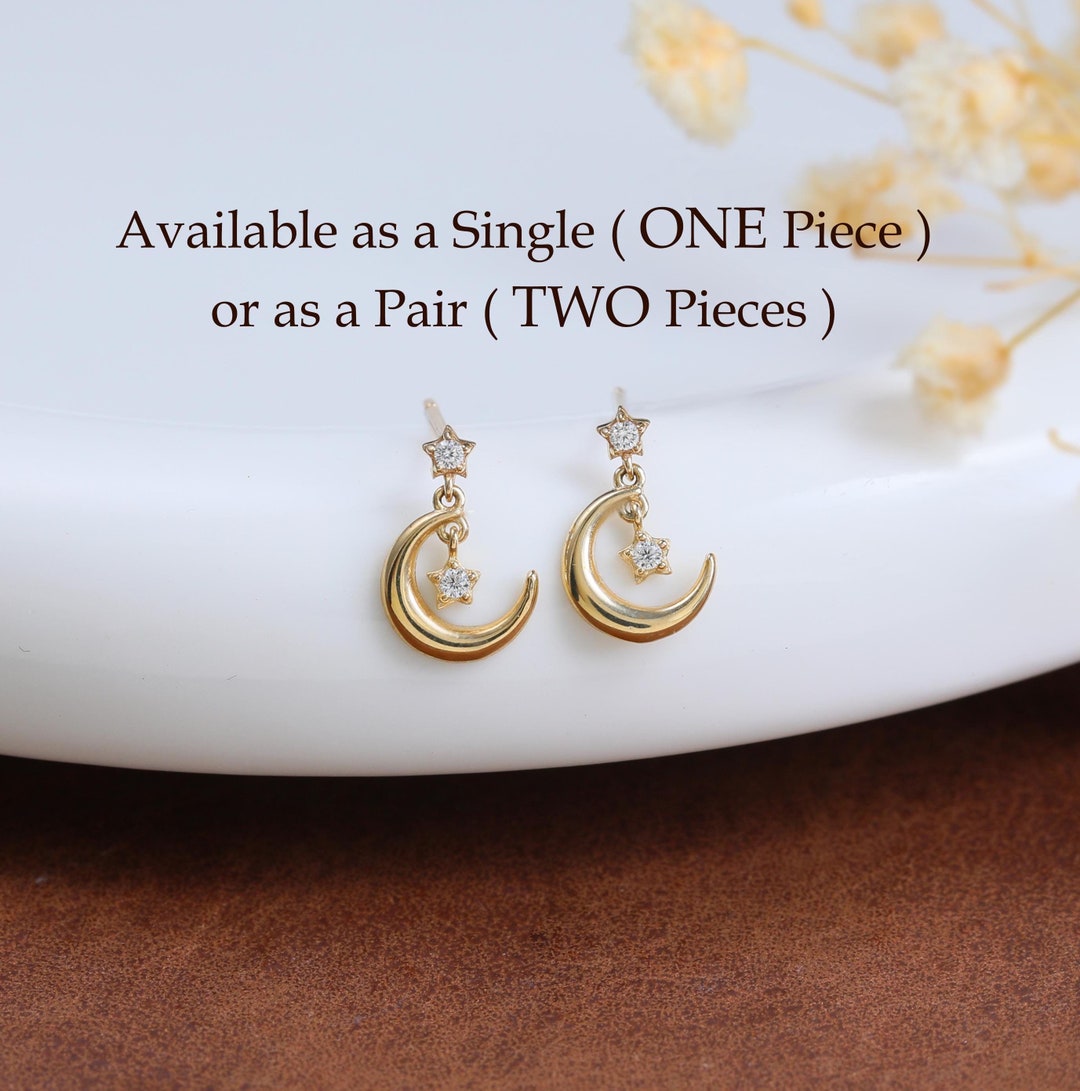 14K Solid Gold Moon With Star Diamond Stud Earring, Solid Gold Dangle ...