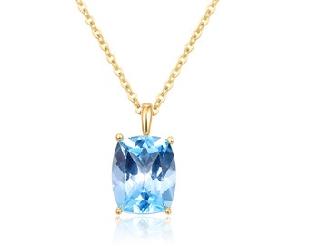 Collana in oro massiccio 14K con topazio blu, pendente con pietra preziosa, topazio azzurro rettangolare, collana con pendente in oro con pietra preziosa, design elegante e delicato.