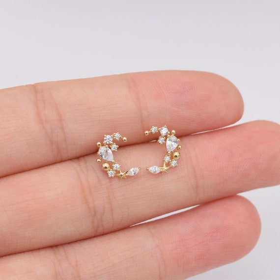 10K Solid Gold Crescent Diamond Stud Earring, Gold Cubic