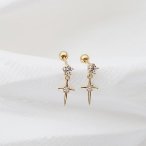 14K Solid Gold Cross stud earrings,Gold Screw Back Earrings,Gold Dangle Earrings, solid gold earrings.