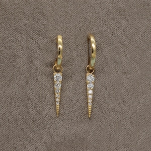 14K Solid Gold Diamond Earrings, Drop Earrings, Spike Gemstone Hoop Huggie, Gold Huggie Earrings, Gold Dangle Hoop Earrings.