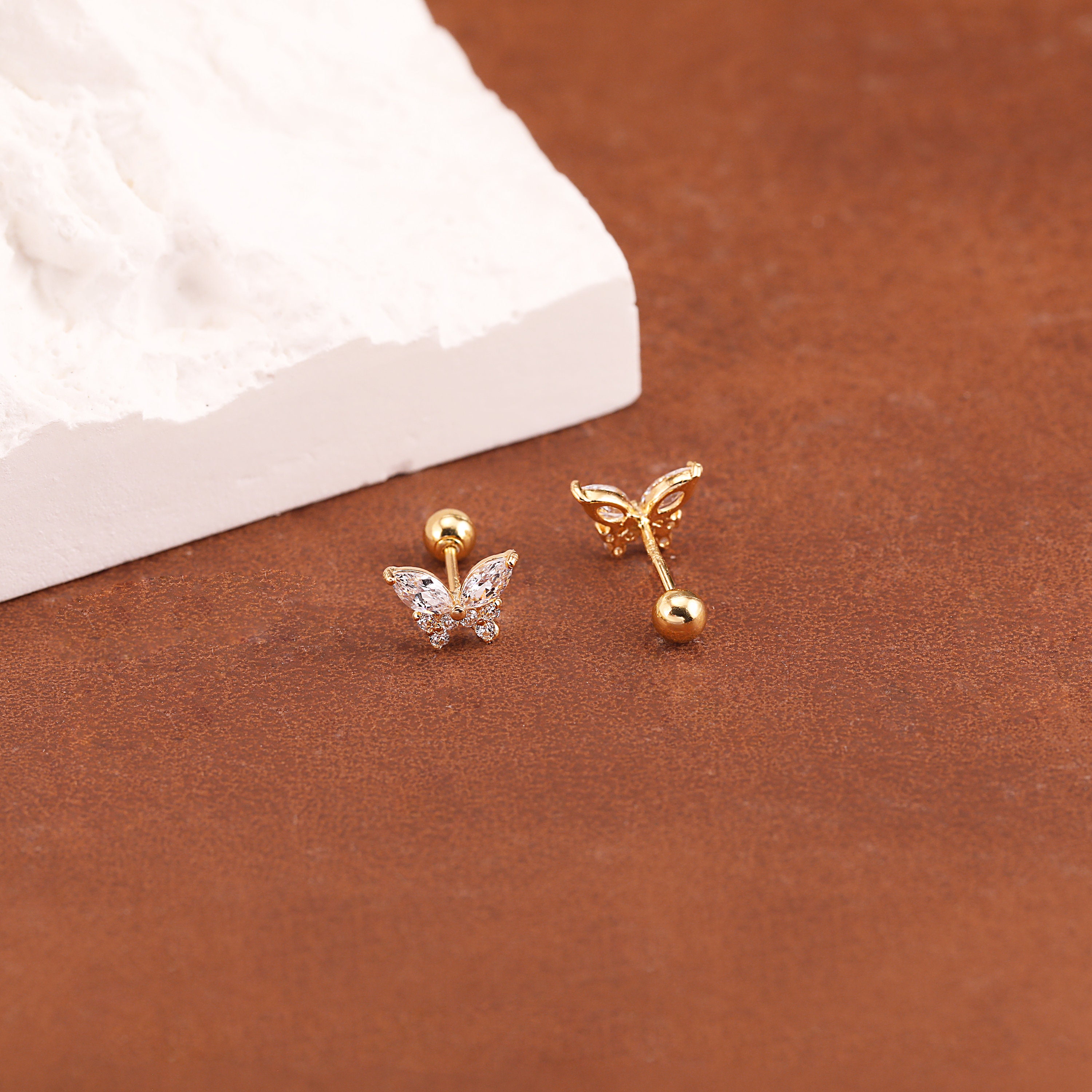 14K Solid Gold Diamond Butterfly Stud Earring, Gold Shining