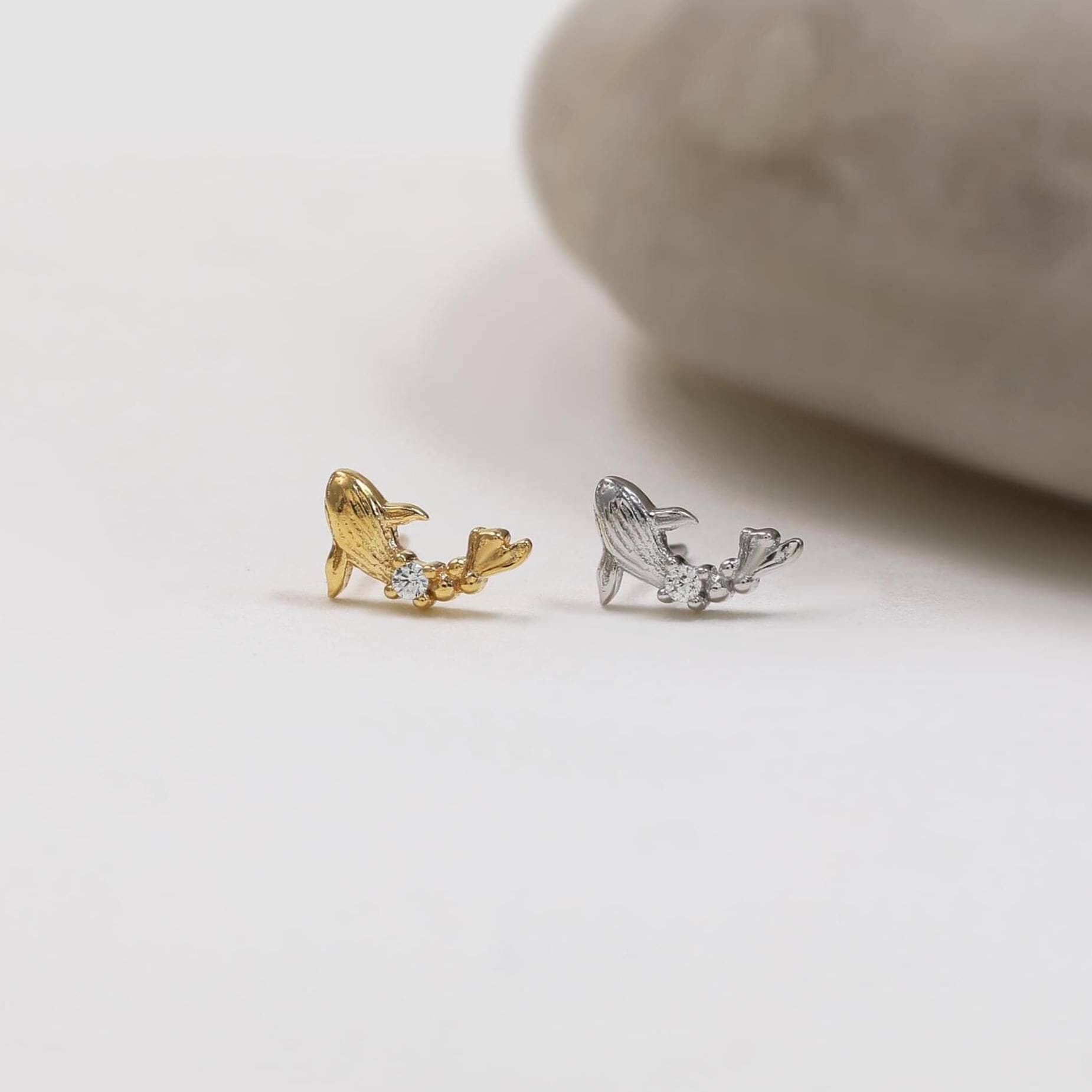 Sterling Silver Tiny Diamond Whale Shaped Stud Earring, 14K Gold Plated Gemstone Fish Push Back Stud, Animal Shaped Helix Cartilage Piercing