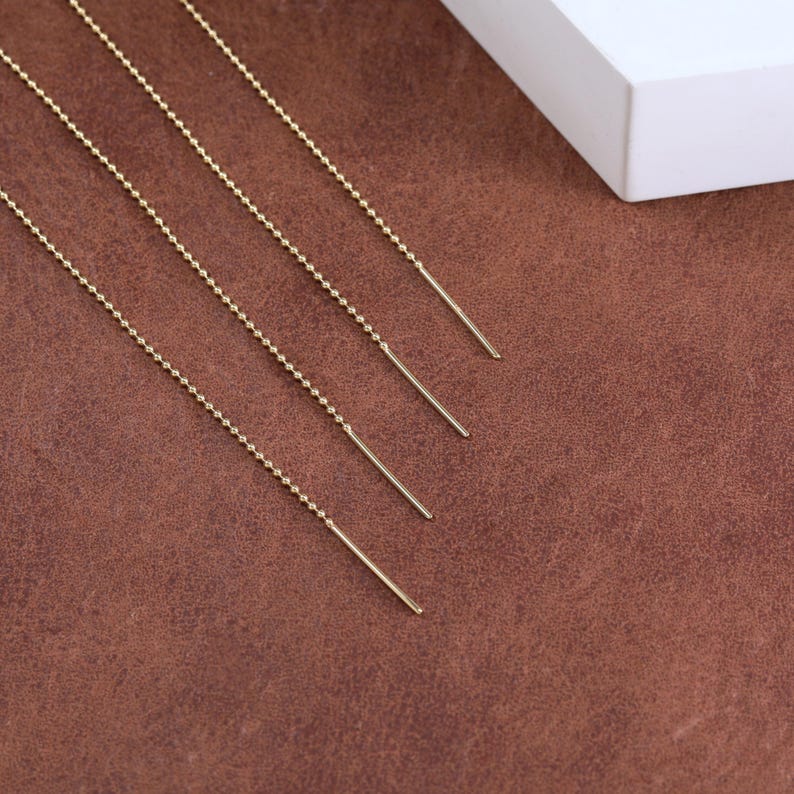 14K Solid Gold Double Bar Threader Earring, Long Bead Chain Earring