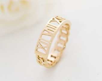10K & 14K Massivgold Benutzerdefinierte römische Ziffern Ring,14K Massivgold römische Ziffern Kettenring, Abschlussgeschenk, Muttertagsgeschenk, Geschenk für Papa.