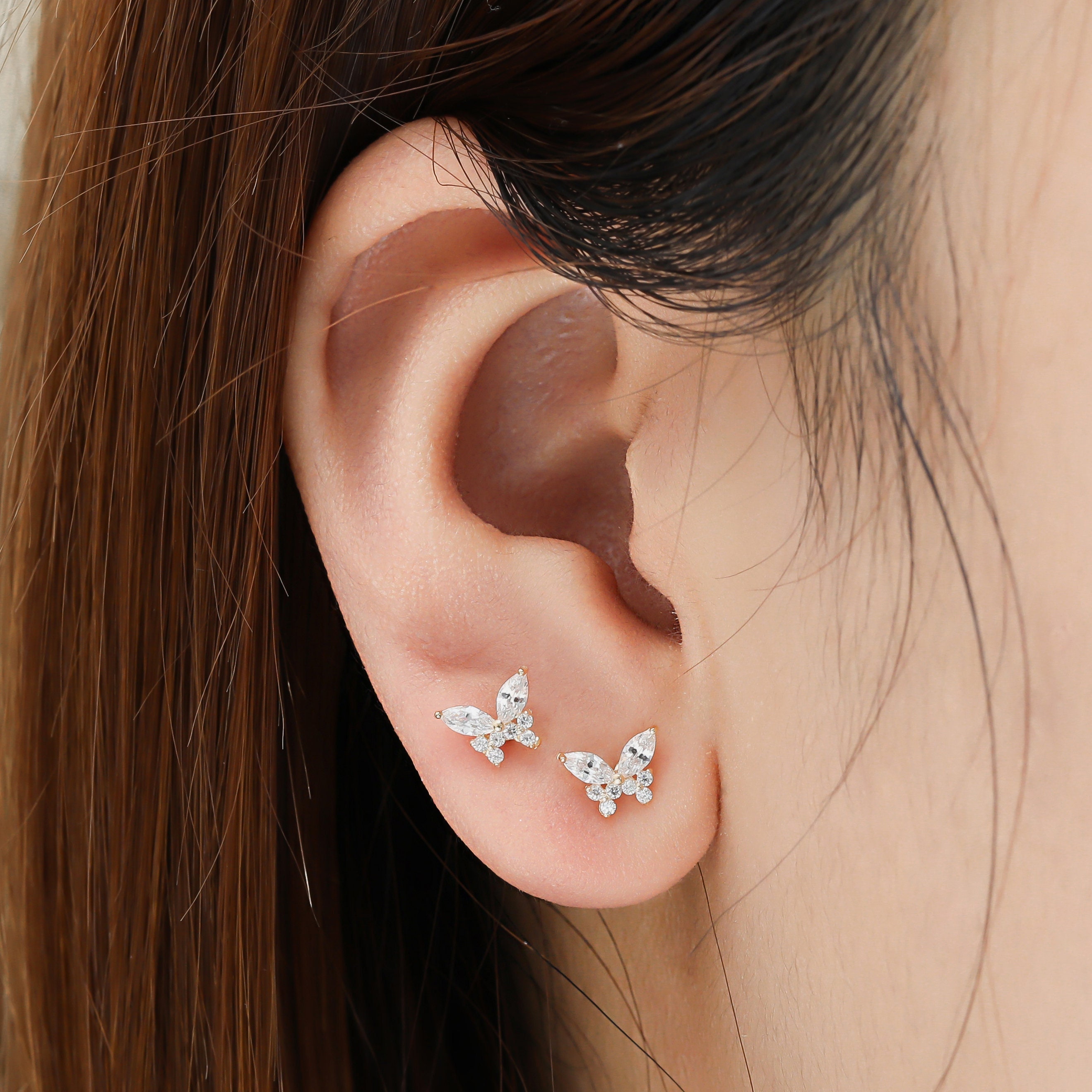 [LLOYD] 韓国☆14K☆Butterfly Earrings 14K Solid Gold Diamond Butterfly Stud Earring, Gold Shining
