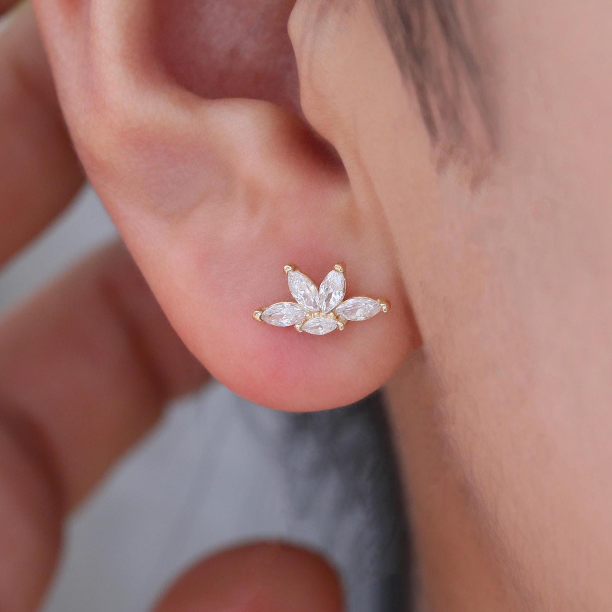 14K Solid Gold Diamond Flower Stud, CZ Petal Shape Earlobe