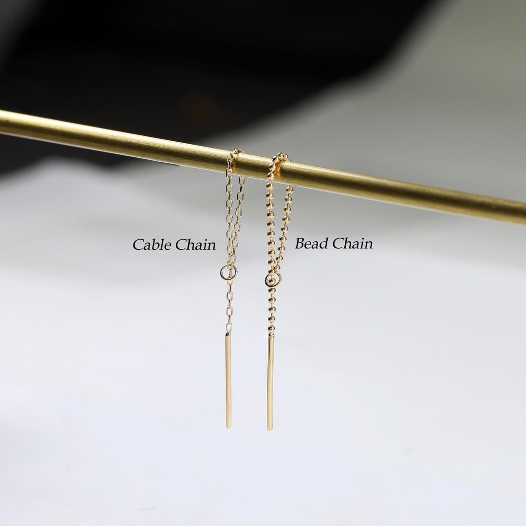 14K Solid Gold Single Bar Threader Earring, Long Cable Chain Wrap ...
