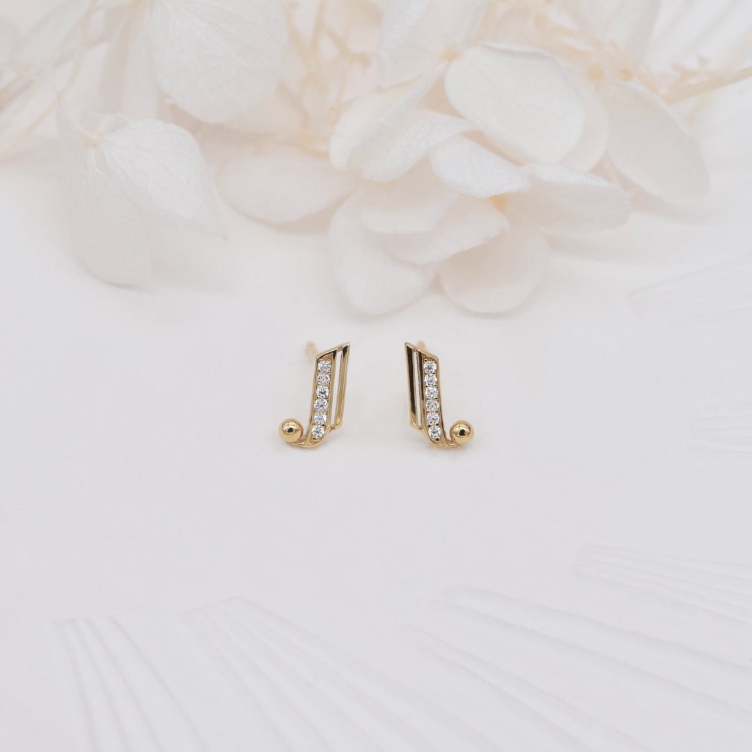 14K Solid Gold Music Note Earring,diamond Music Note Earring,gold Stud
