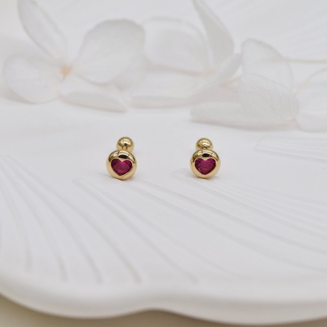 14K Solid Gold Red Heart Dainty Earrings, Solid Gold Red Heart Stud