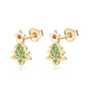 14K Solid Gold Gemstone Christmas Tree Stud, Green Glitter Pine Holiday Earlobe Earring, Tiny Tree Piercing Jewelry, Butterfly Back Stud