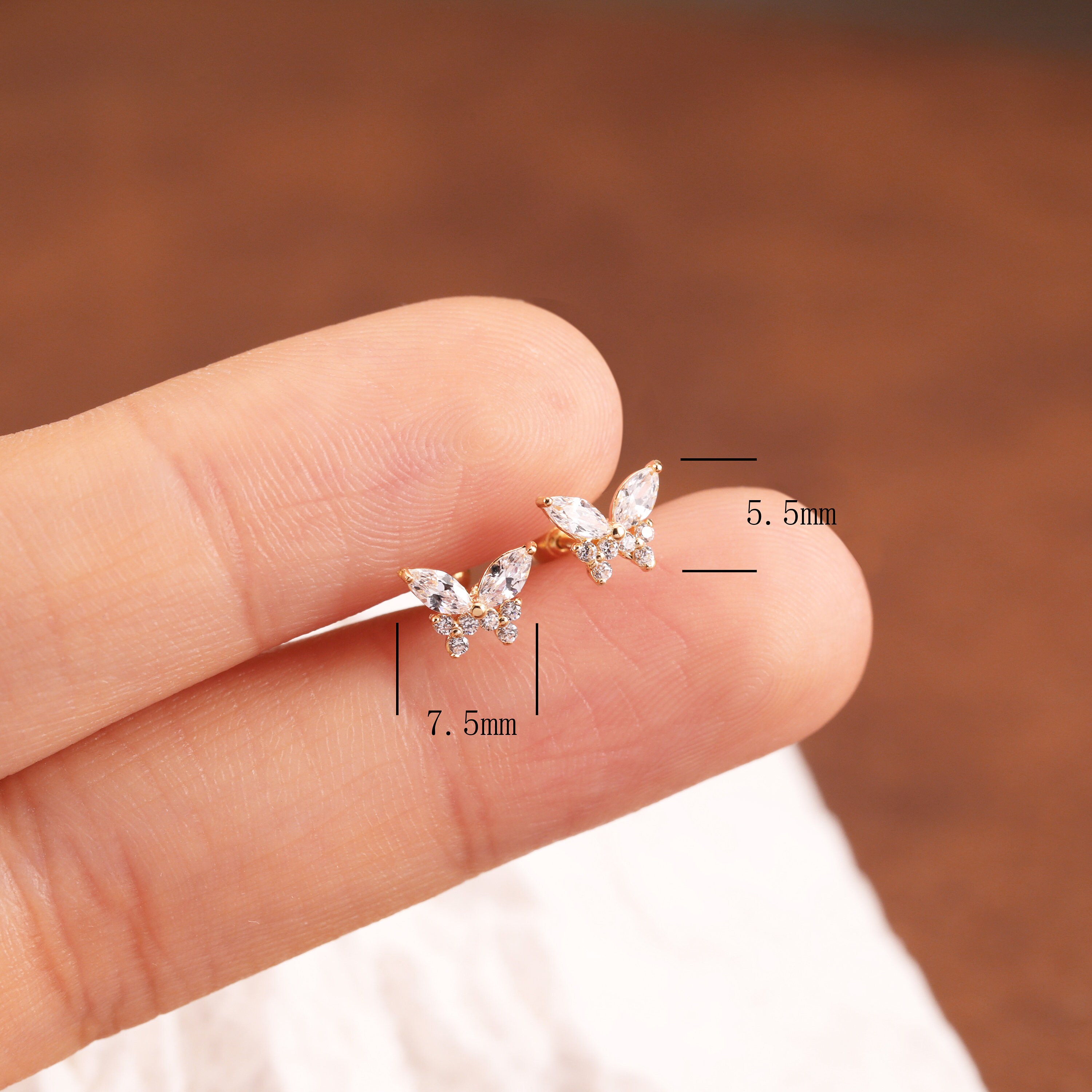 14K Solid Gold Diamond Butterfly Stud Earring, Gold Shining