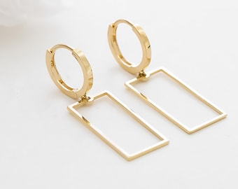 10k & 14k Solid Gold Geometric Hoop Dainty Earring, Minimal Earring gold dangle earrings