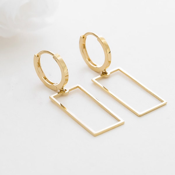 10k & 14k Solid Gold Geometric Hoop Dainty Earring, Minimal Earring gold dangle earrings