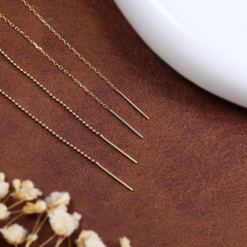 14K Solid Gold Double Bar Threader Earring, Long Bead Chain Earring