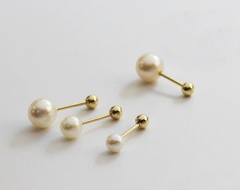 14K Solid Gold 3mm 4mm 5mm 6mm Real Gold Front back earrings, Freshwater pearl stud earring, gold screw back earrings, mother's day gift.
