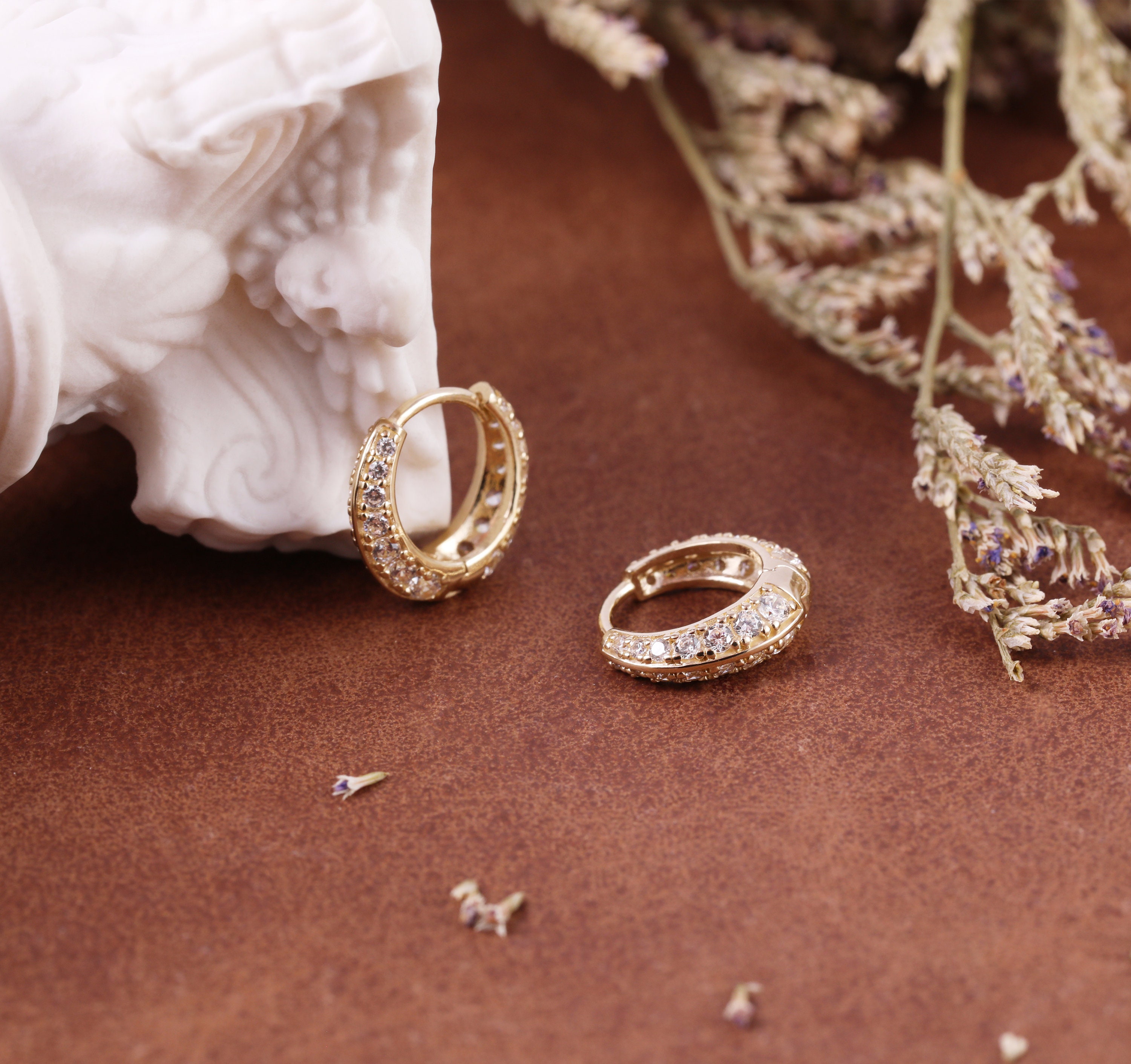 10K Solid Gold 8mm Hoop Earring, Gold Sparkling Hoop