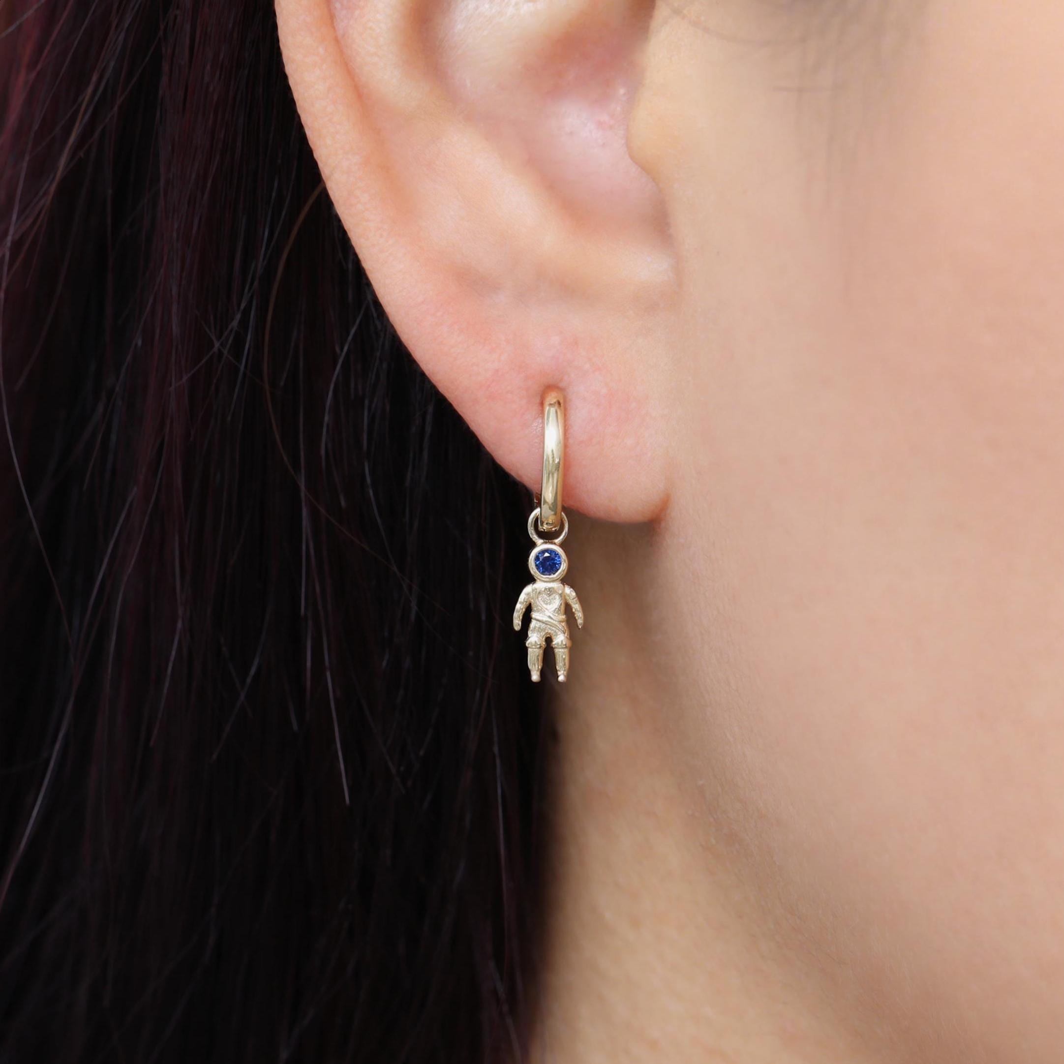 14K Solid Gold Dangle Sapphire CZ Astronaut Charm, Blue CZ Spaceman Lobe Helix Hoop Pendant, Gemstone Outer Space Galaxy Cartilage Piercing