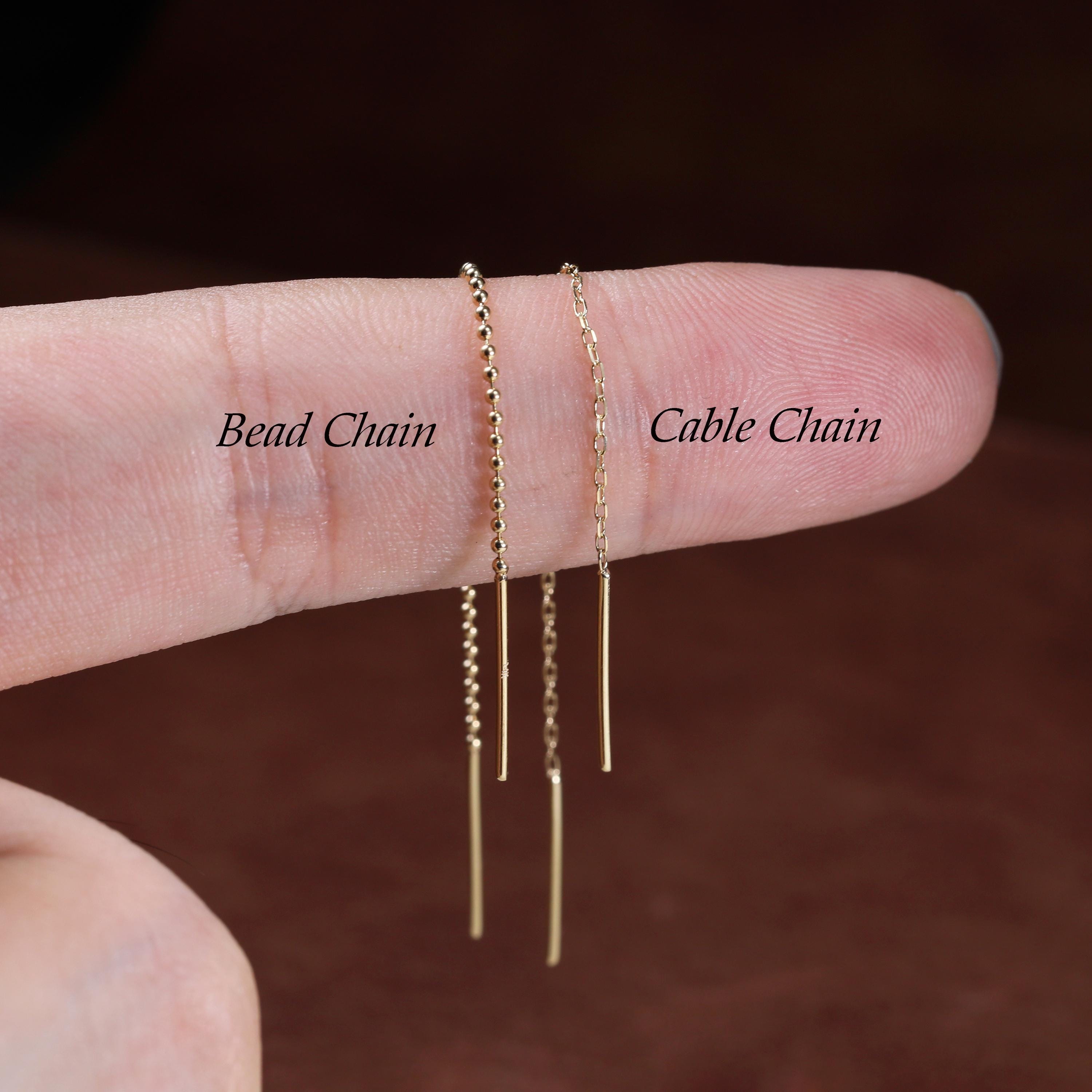 14K Solid Gold Double Bar Threader, Long Cable Chain Wrap Earring, Dangle Drop Bead Chain Ear Wire, Gold Handmade Pull Through Earring