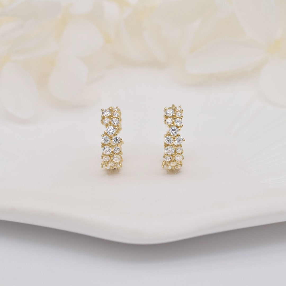 10K Solid Gold Diamond Hoop Earringsgold Huggie Etsy