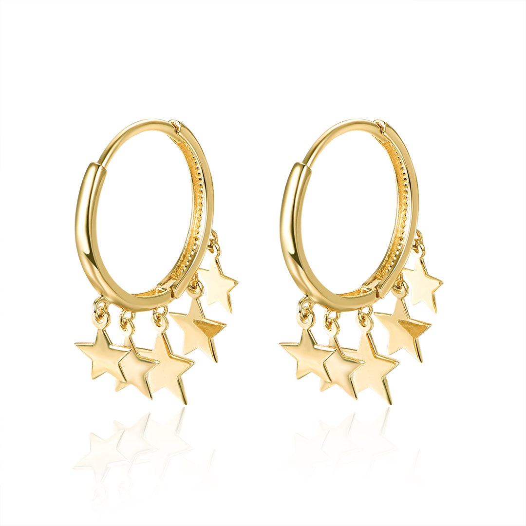 14k Solid Gold Star Hoop Earrings, Solid Gold Star Huggie Earrings