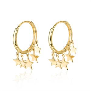 14k Solid Gold Star Hoop earrings,Star huggie earrings,Star Dangle Hoop Earrings.Gold Dangle Eearrings.